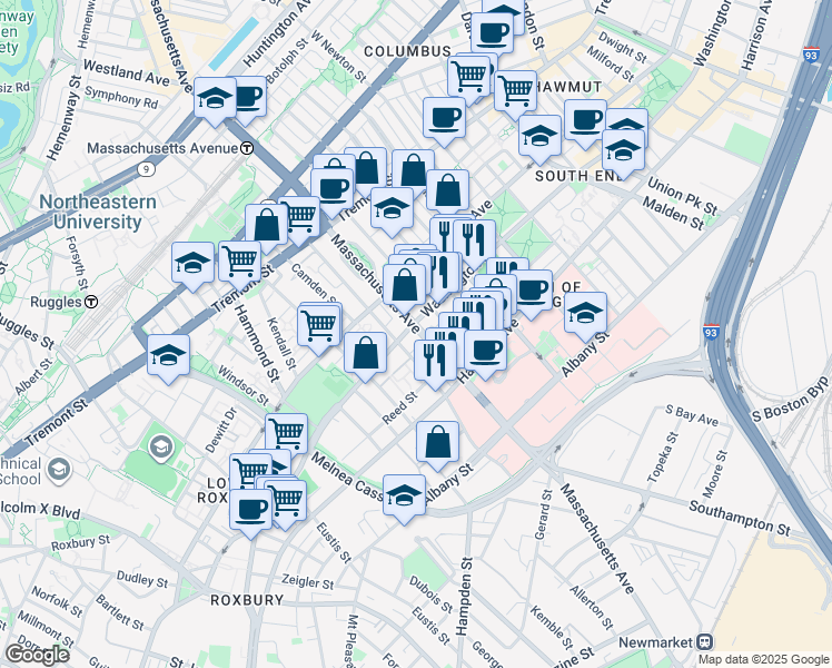 map of restaurants, bars, coffee shops, grocery stores, and more near 647 Massachusetts Avenue in Boston