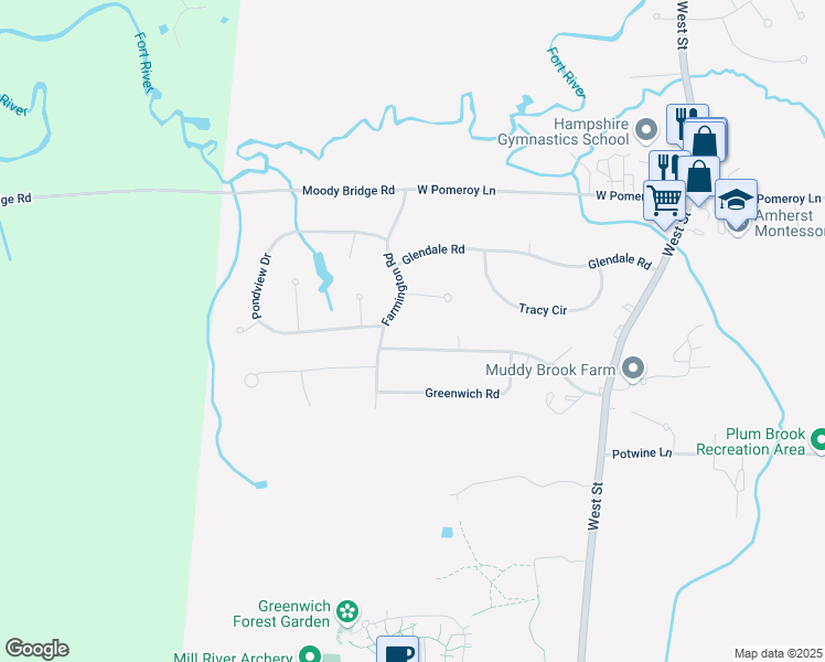 map of restaurants, bars, coffee shops, grocery stores, and more near 85 Longmeadow Dr in Amherst