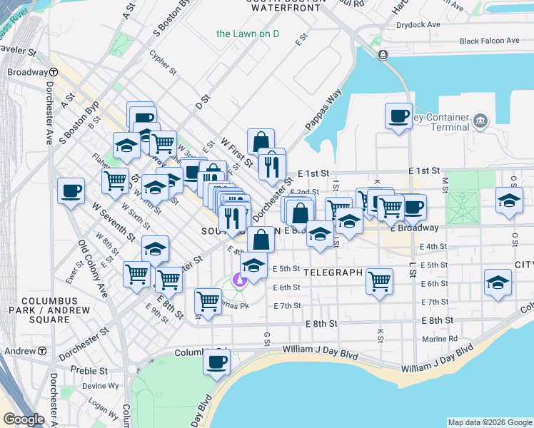 map of restaurants, bars, coffee shops, grocery stores, and more near 9 G Street in Boston