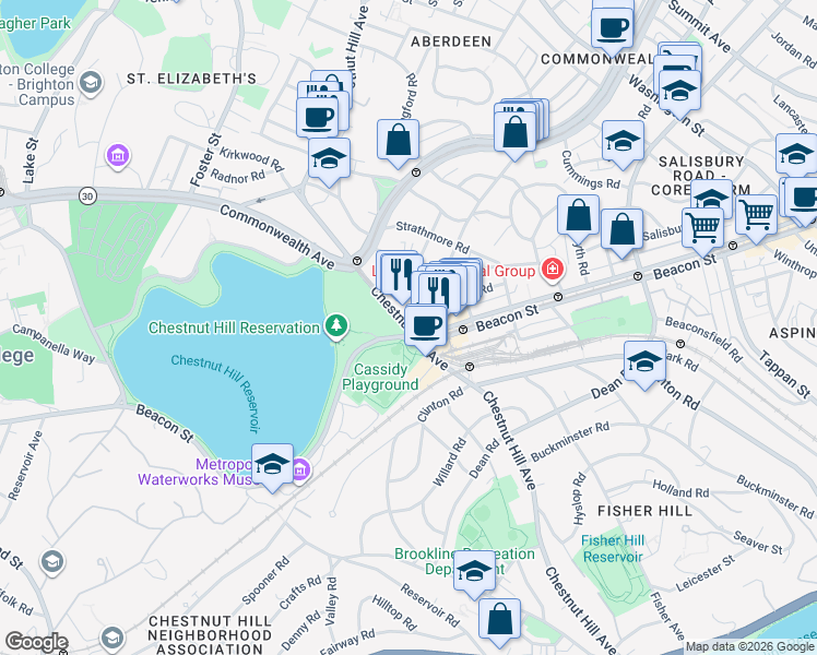 map of restaurants, bars, coffee shops, grocery stores, and more near Chestnut Hill Avenue in Brookline