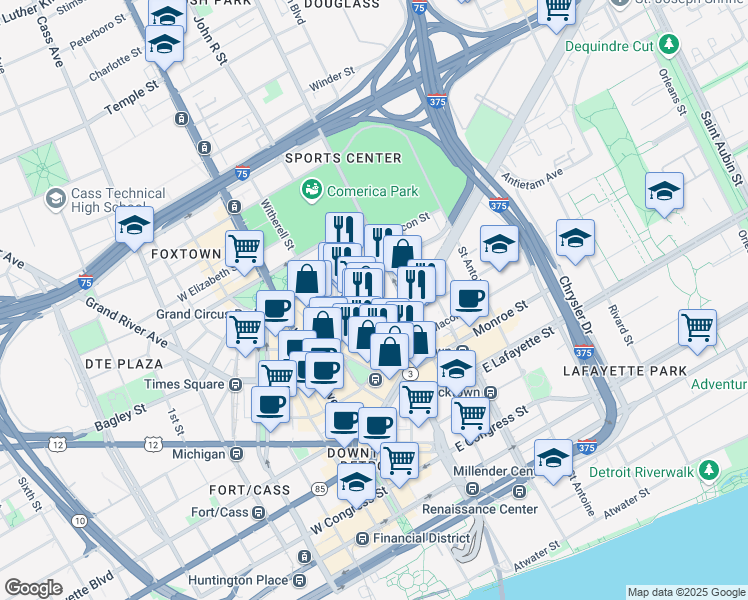 map of restaurants, bars, coffee shops, grocery stores, and more near 1475 Randolph Street in Detroit