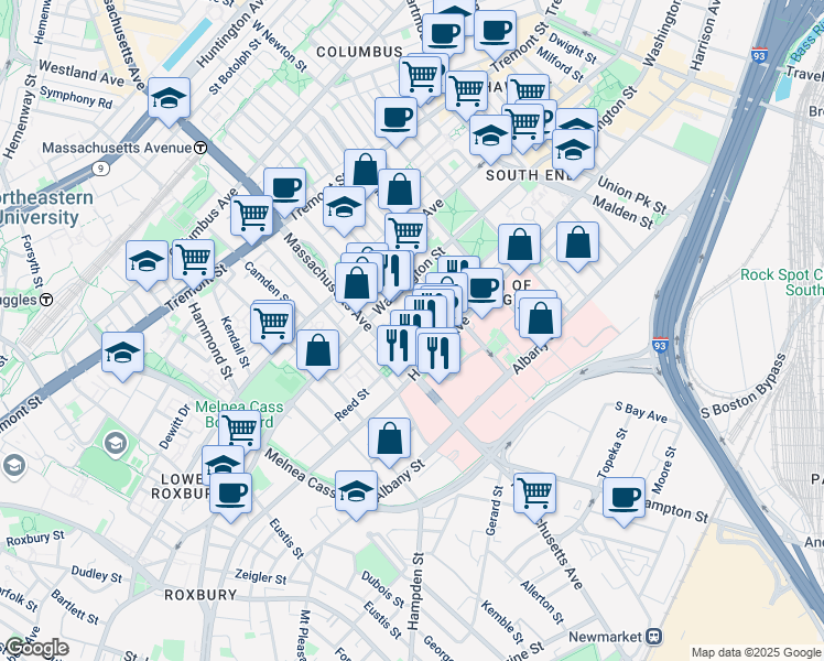 map of restaurants, bars, coffee shops, grocery stores, and more near 33 Worcester Square in Boston