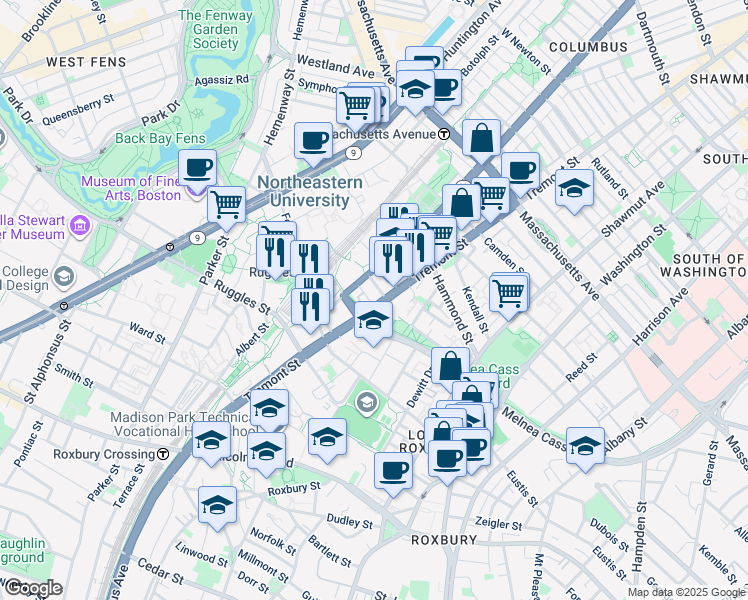 map of restaurants, bars, coffee shops, grocery stores, and more near 1065 Tremont Street in Boston