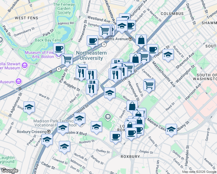 map of restaurants, bars, coffee shops, grocery stores, and more near 1065 Tremont Street in Boston