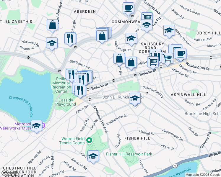 map of restaurants, bars, coffee shops, grocery stores, and more near 19 Strathmore Road in Brookline