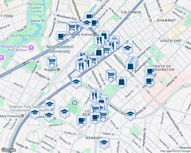 map of restaurants, bars, coffee shops, grocery stores, and more near 10 Sussex Street in Boston