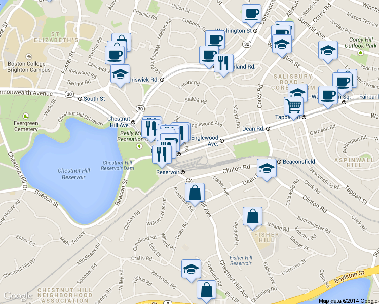 map of restaurants, bars, coffee shops, grocery stores, and more near 1919 Beacon Street in Brookline