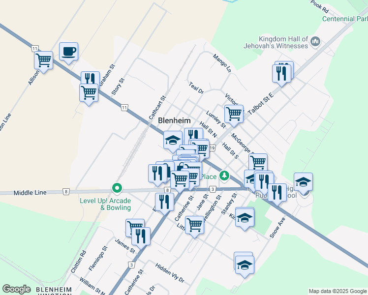 map of restaurants, bars, coffee shops, grocery stores, and more near 48 Chatham St N in Blenheim