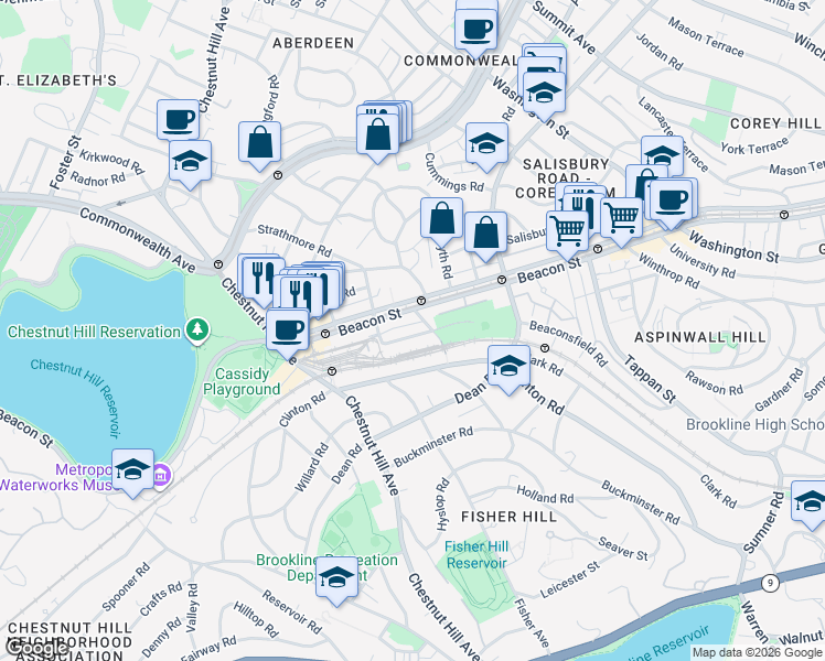 map of restaurants, bars, coffee shops, grocery stores, and more near in Brookline