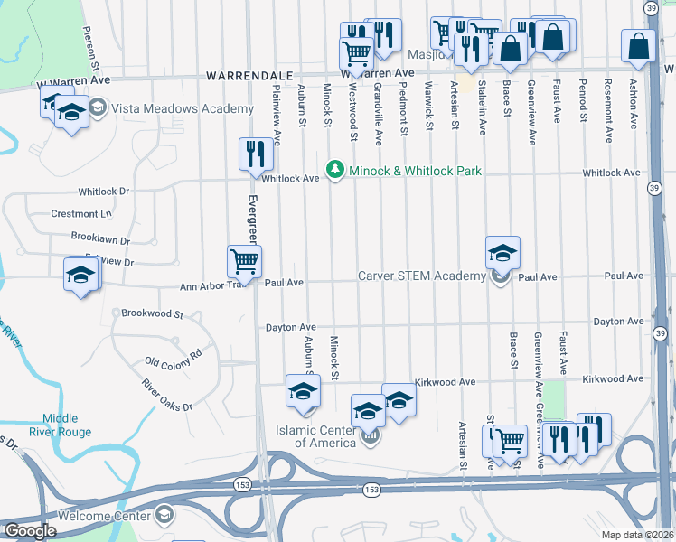 map of restaurants, bars, coffee shops, grocery stores, and more near 6318 Minock Street in Detroit