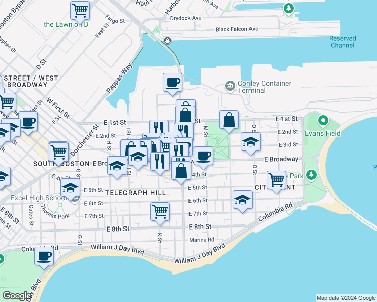 map of restaurants, bars, coffee shops, grocery stores, and more near 621 East 3rd Street in Boston