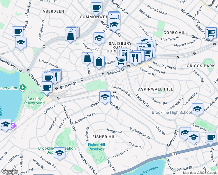 map of restaurants, bars, coffee shops, grocery stores, and more near 61 Dean Road in Brookline