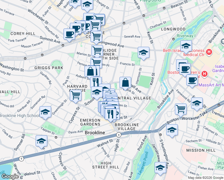map of restaurants, bars, coffee shops, grocery stores, and more near 137 Brook Street in Brookline