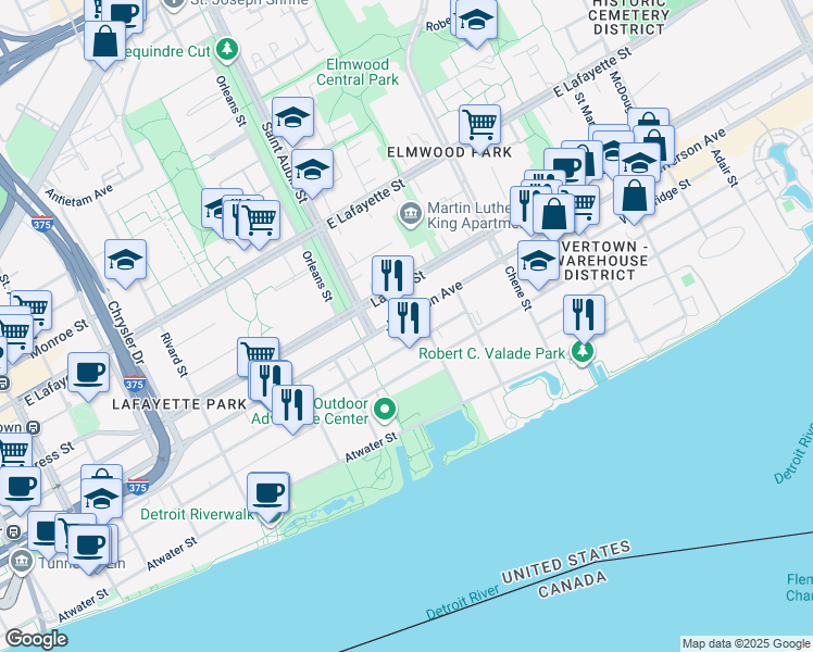 map of restaurants, bars, coffee shops, grocery stores, and more near 2010 East Jefferson in Detroit