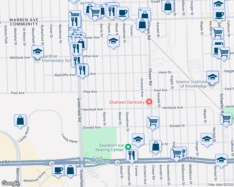 map of restaurants, bars, coffee shops, grocery stores, and more near 6326 Payne Avenue in Dearborn