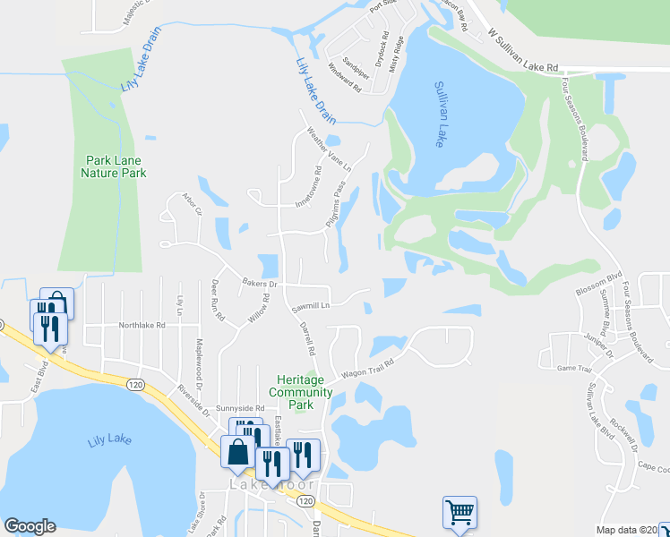 map of restaurants, bars, coffee shops, grocery stores, and more near 32525 Pilgrims Court in Lakemoor