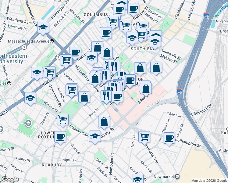 map of restaurants, bars, coffee shops, grocery stores, and more near 25 Worcester Square in Boston