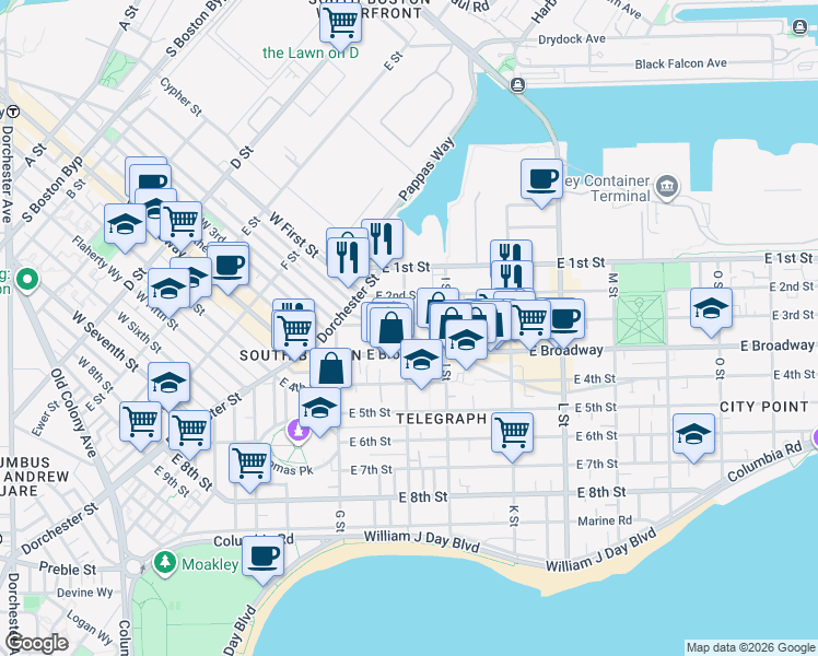 map of restaurants, bars, coffee shops, grocery stores, and more near 60 H Street in Boston