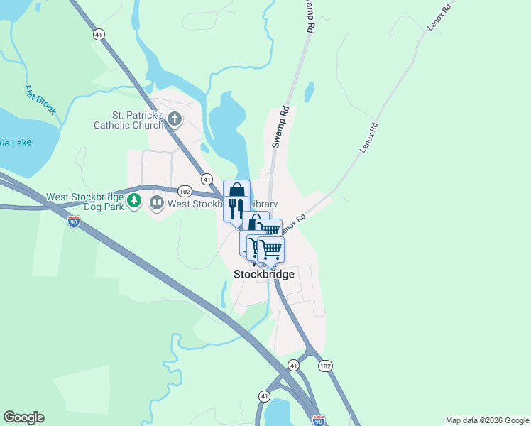 map of restaurants, bars, coffee shops, grocery stores, and more near 38-72 Swamp Rd in West Stockbridge