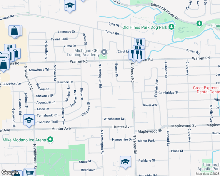 map of restaurants, bars, coffee shops, grocery stores, and more near 6790 Emily Court in Westland