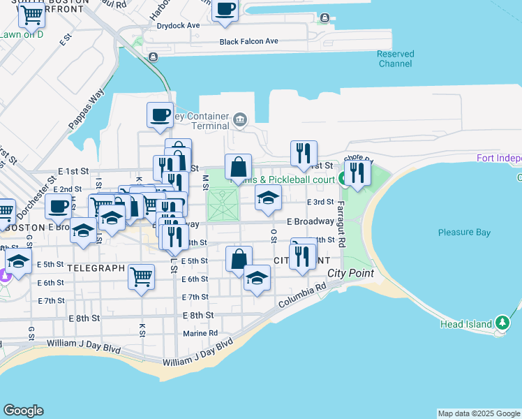 map of restaurants, bars, coffee shops, grocery stores, and more near 866 East Broadway in Boston