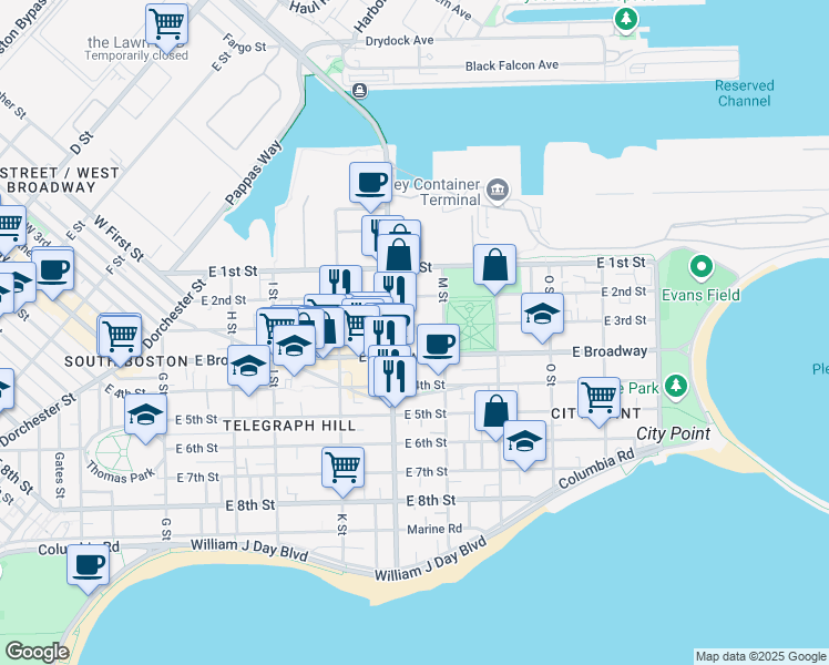 map of restaurants, bars, coffee shops, grocery stores, and more near 784 East Broadway in Boston