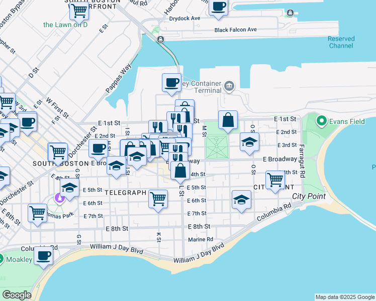 map of restaurants, bars, coffee shops, grocery stores, and more near in Boston