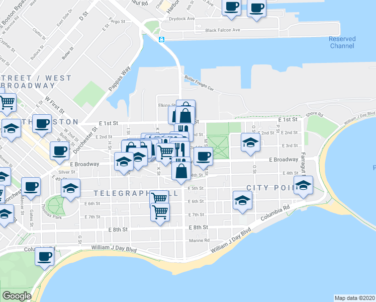 map of restaurants, bars, coffee shops, grocery stores, and more near in Boston