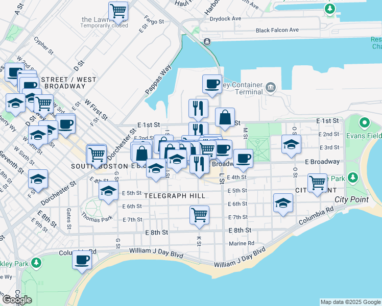 map of restaurants, bars, coffee shops, grocery stores, and more near 646 East Broadway in Boston