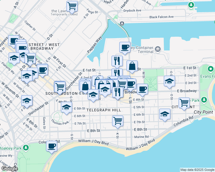map of restaurants, bars, coffee shops, grocery stores, and more near 646 East Broadway in Boston