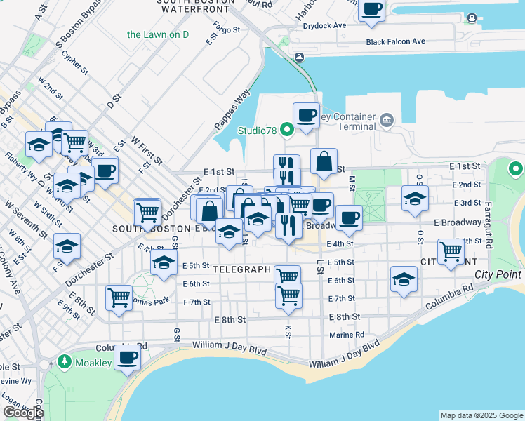 map of restaurants, bars, coffee shops, grocery stores, and more near 646 East Broadway in Boston