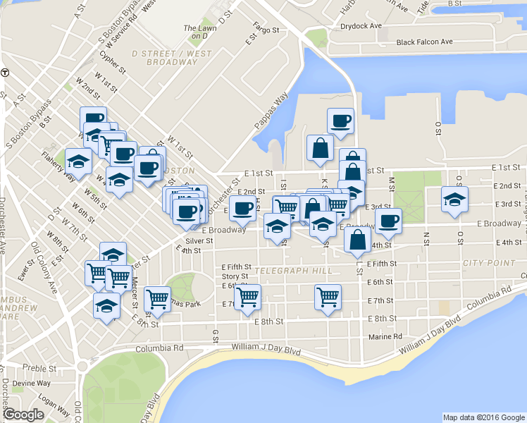 map of restaurants, bars, coffee shops, grocery stores, and more near 60 H Street in Boston
