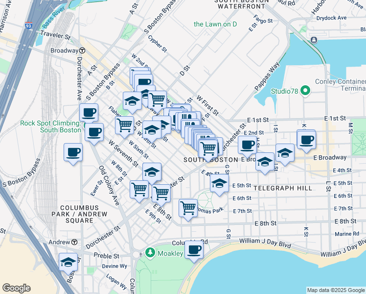 map of restaurants, bars, coffee shops, grocery stores, and more near 293 Silver Street in Boston