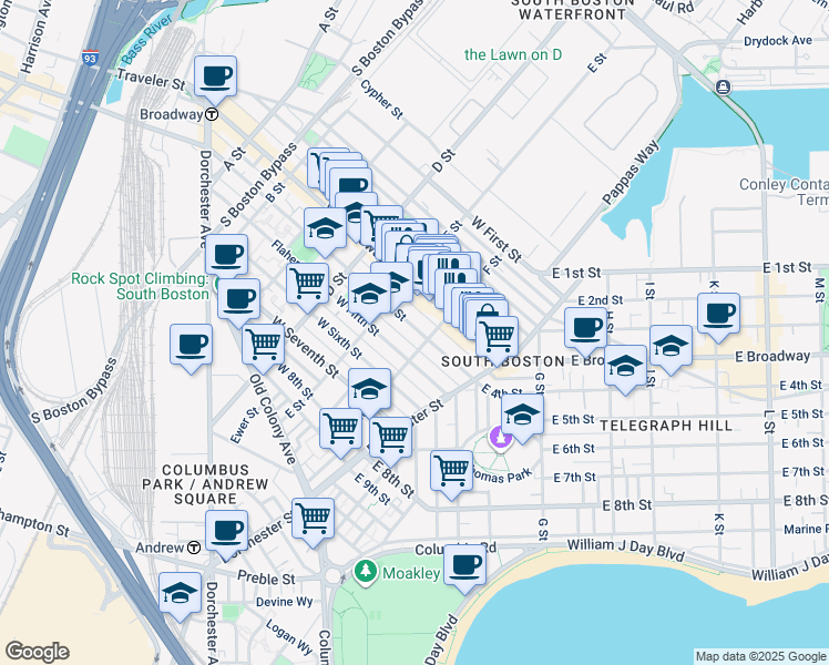 map of restaurants, bars, coffee shops, grocery stores, and more near 104 F Street in Boston