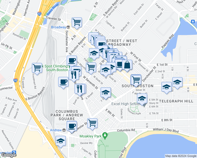 map of restaurants, bars, coffee shops, grocery stores, and more near in Boston
