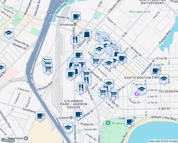 map of restaurants, bars, coffee shops, grocery stores, and more near 84 West 8th Street in Boston