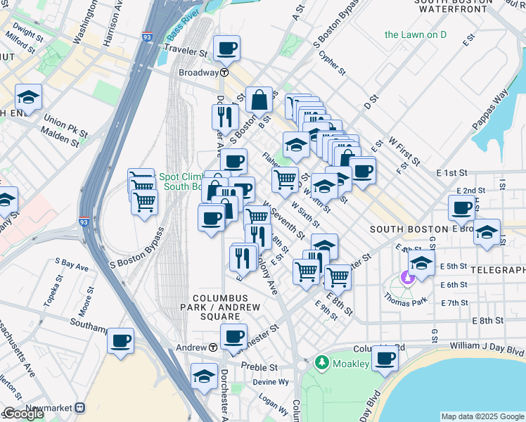 map of restaurants, bars, coffee shops, grocery stores, and more near 84 West 8th Street in Boston