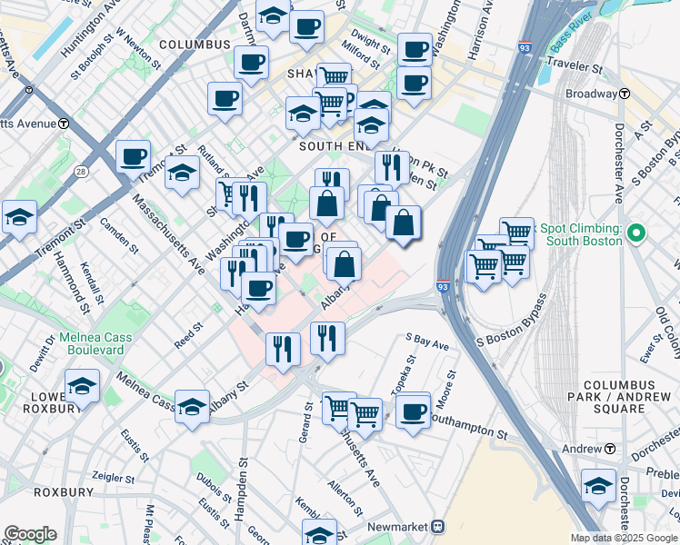 map of restaurants, bars, coffee shops, grocery stores, and more near 650 Albany Street in Boston