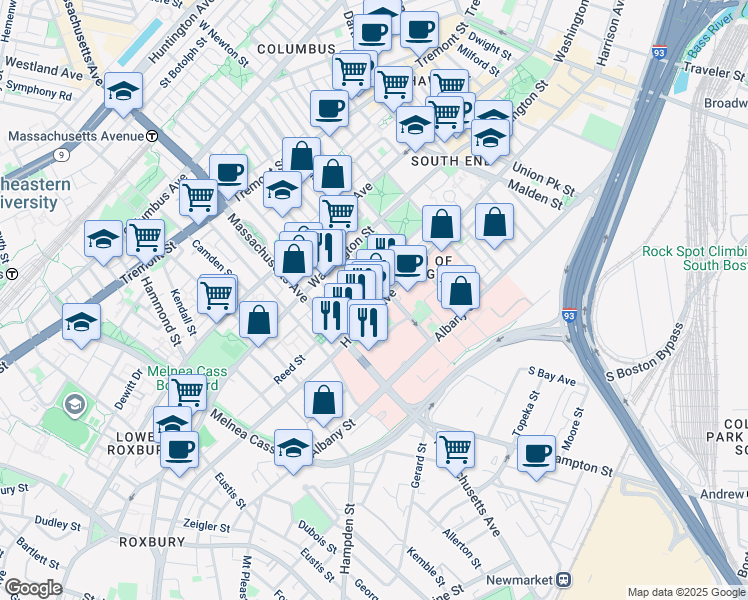 map of restaurants, bars, coffee shops, grocery stores, and more near 33 Worcester Square in Boston