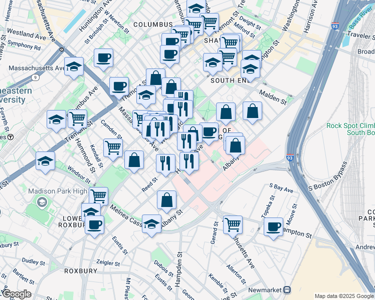 map of restaurants, bars, coffee shops, grocery stores, and more near 33 Worcester Square in Boston
