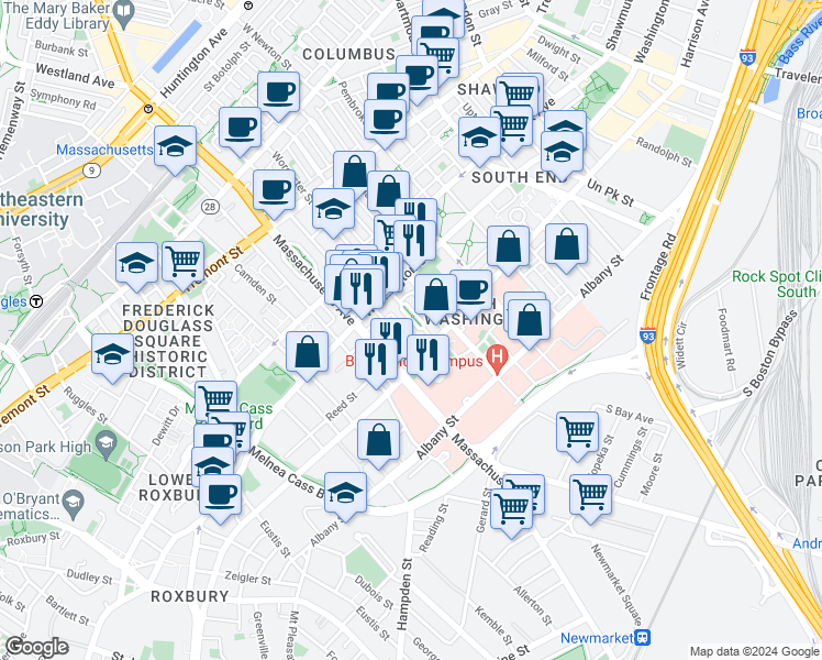 map of restaurants, bars, coffee shops, grocery stores, and more near 33 Worcester Square in Boston