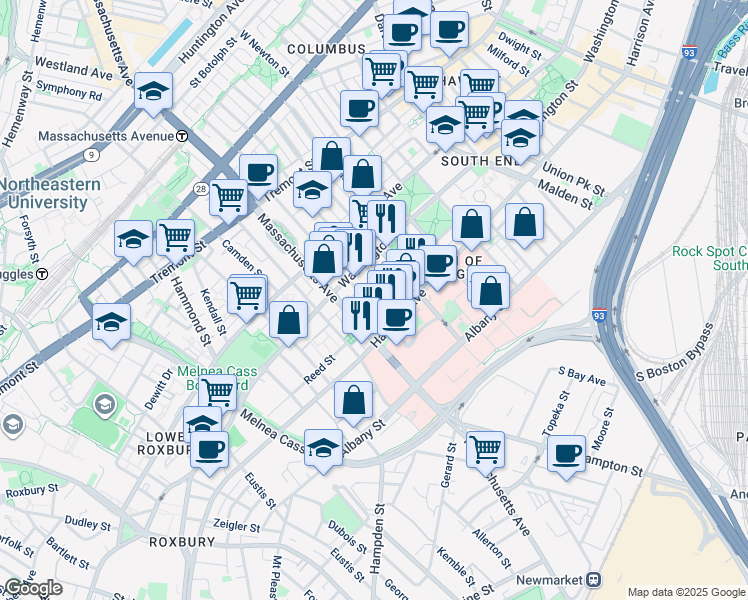 map of restaurants, bars, coffee shops, grocery stores, and more near 33 Worcester Square in Boston