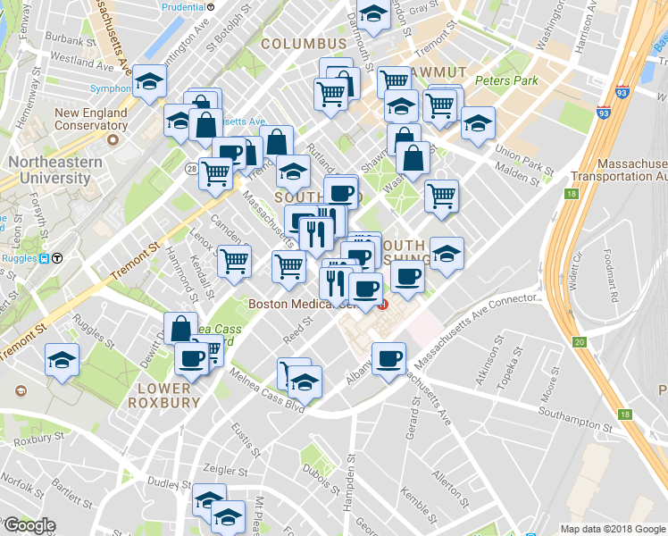 map of restaurants, bars, coffee shops, grocery stores, and more near 668 Massachusetts Avenue in Boston