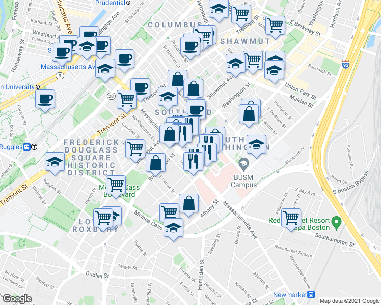 map of restaurants, bars, coffee shops, grocery stores, and more near 668 Massachusetts Avenue in Boston
