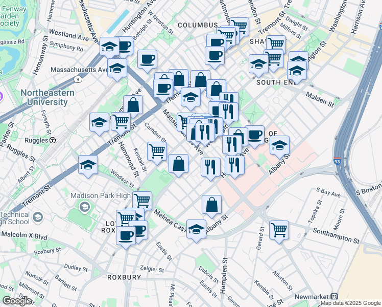 map of restaurants, bars, coffee shops, grocery stores, and more near 1786 Washington Street in Boston