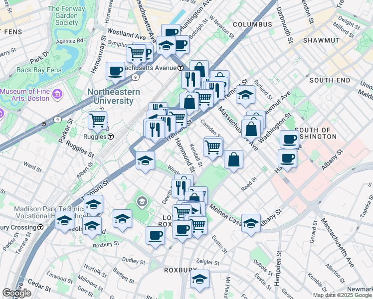 map of restaurants, bars, coffee shops, grocery stores, and more near 10 Sussex Street in Boston