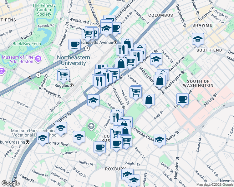 map of restaurants, bars, coffee shops, grocery stores, and more near 10 Sussex Street in Boston