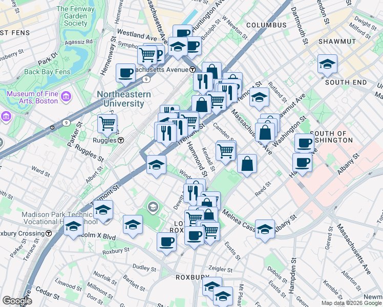 map of restaurants, bars, coffee shops, grocery stores, and more near 10 Sussex Street in Boston