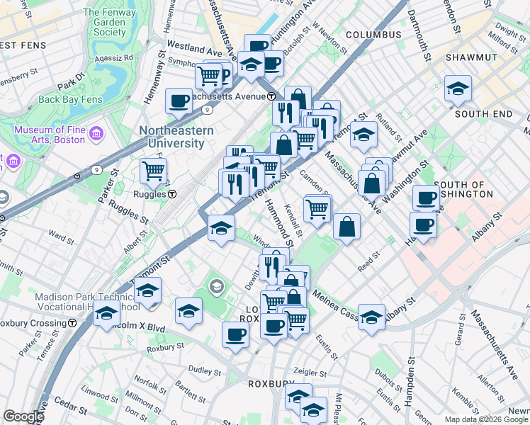 map of restaurants, bars, coffee shops, grocery stores, and more near 10 Sussex Street in Boston