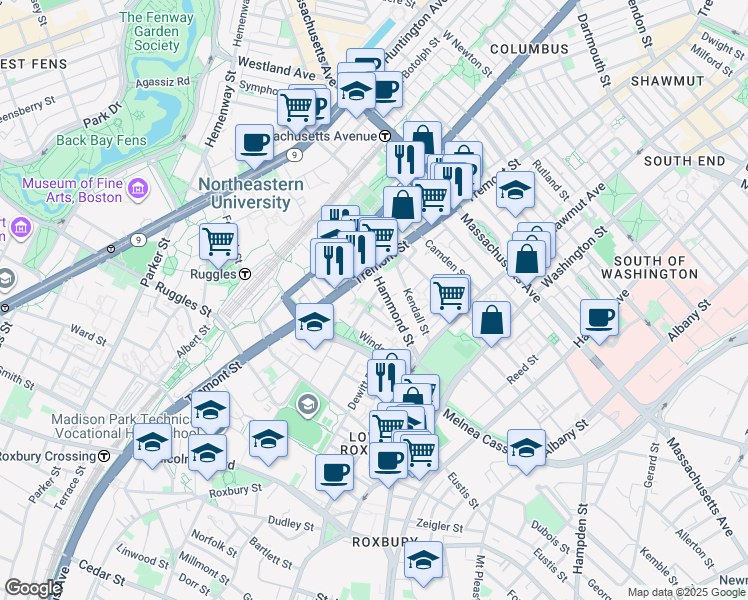 map of restaurants, bars, coffee shops, grocery stores, and more near 10 Sussex Street in Boston
